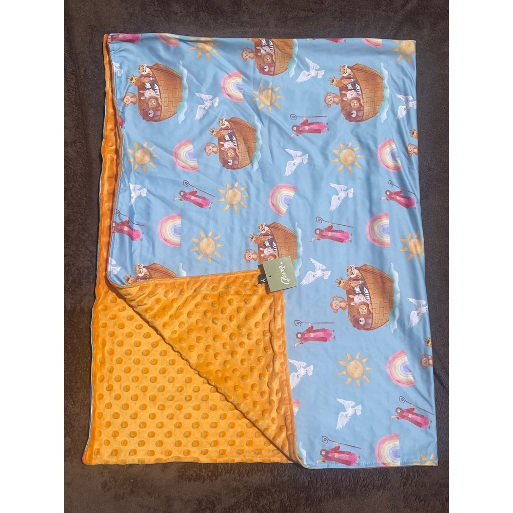 Bamboo Baby Blanket Noahs Ark Jesus Rainbow Orange Minky Soft Clover Cottage NWT